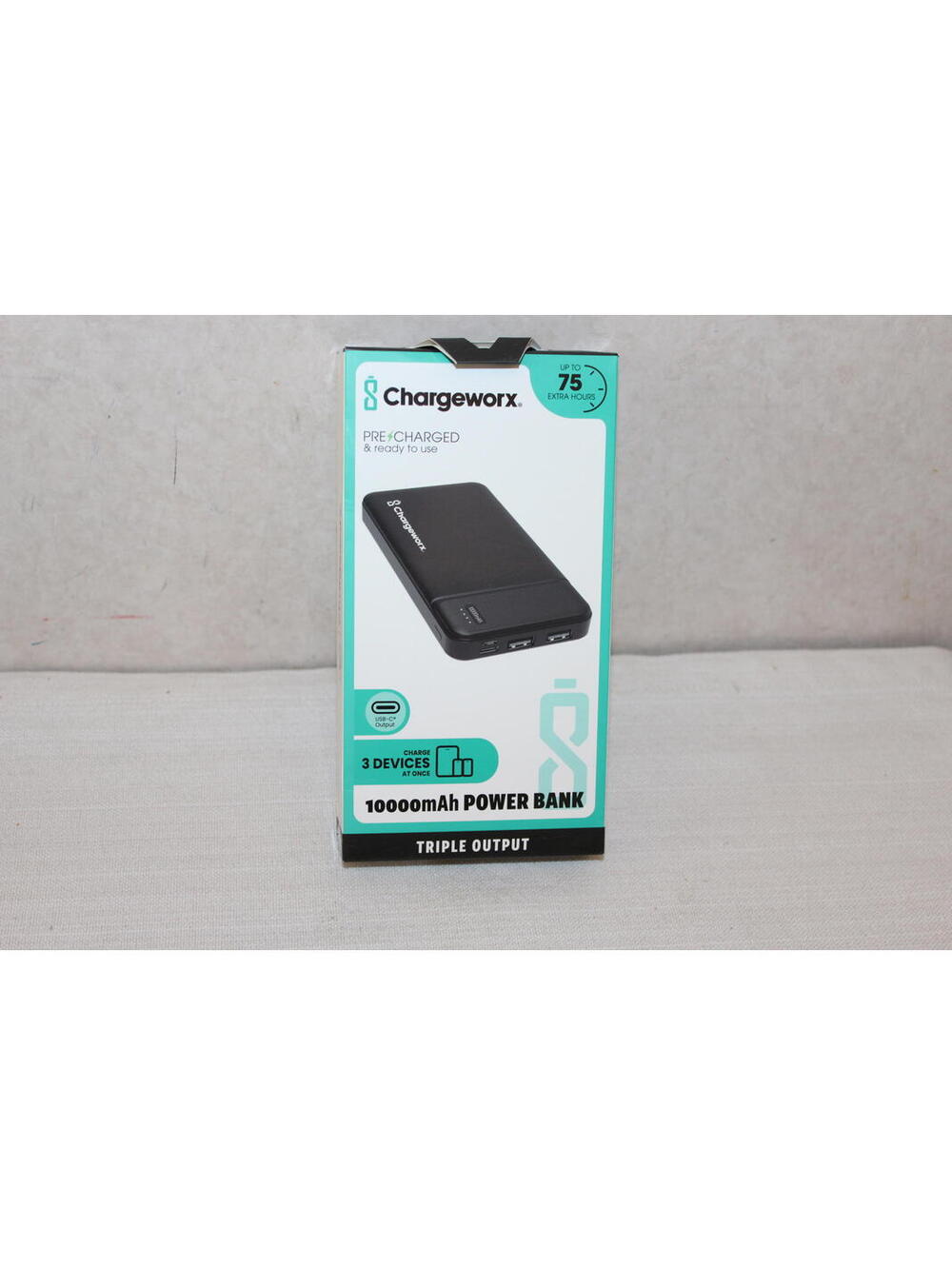 NEW Chargeworx Black 10000mAh Power Bank Pre-Charged Triple Output USB-C Charger